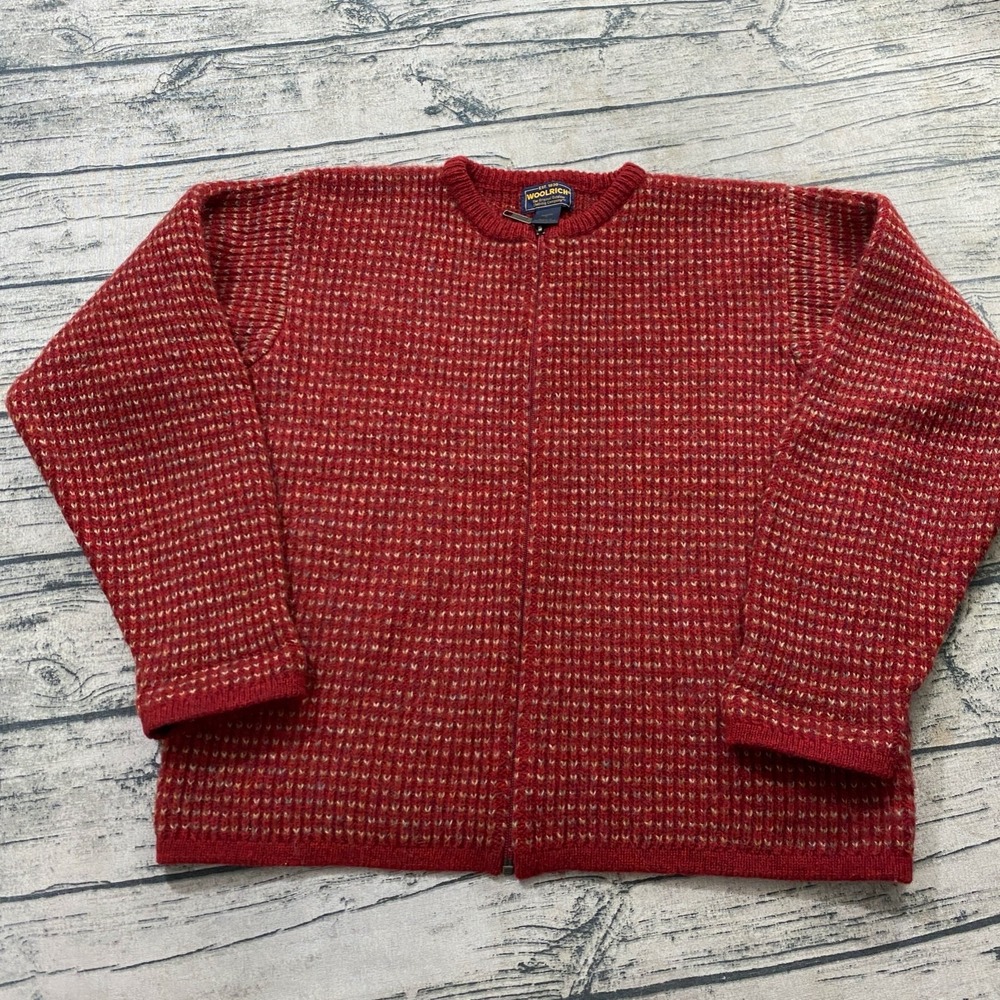 Woolrich Womens L Full Zip Birdseye Wool Knit Sweater Cardigan Ruby Red Vtg 90s